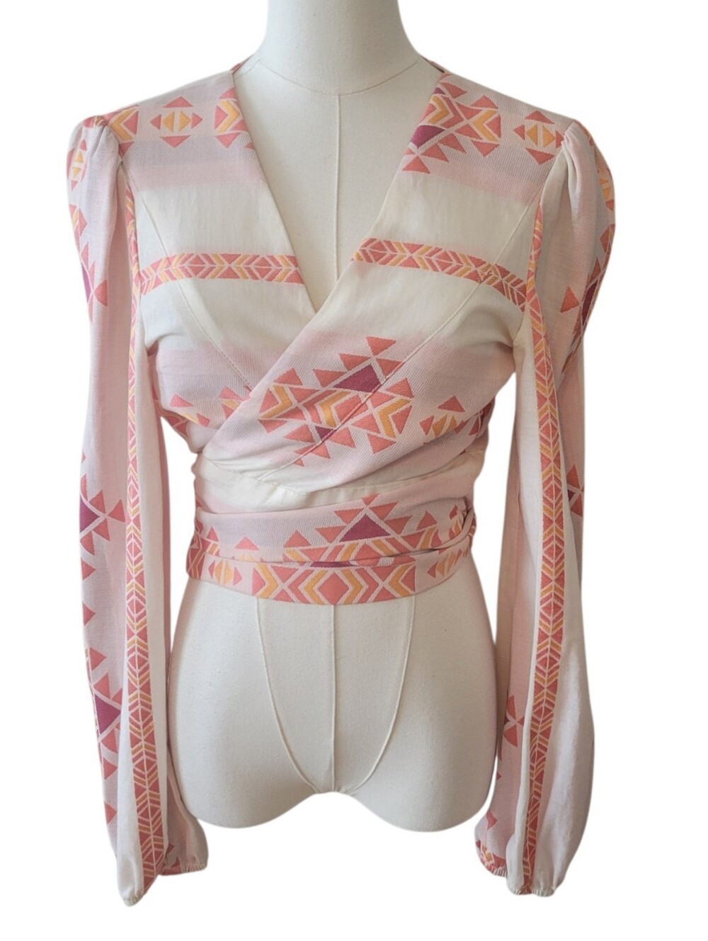 Kasia Cream & Coral Aztec Print Wrap Top Size Medium